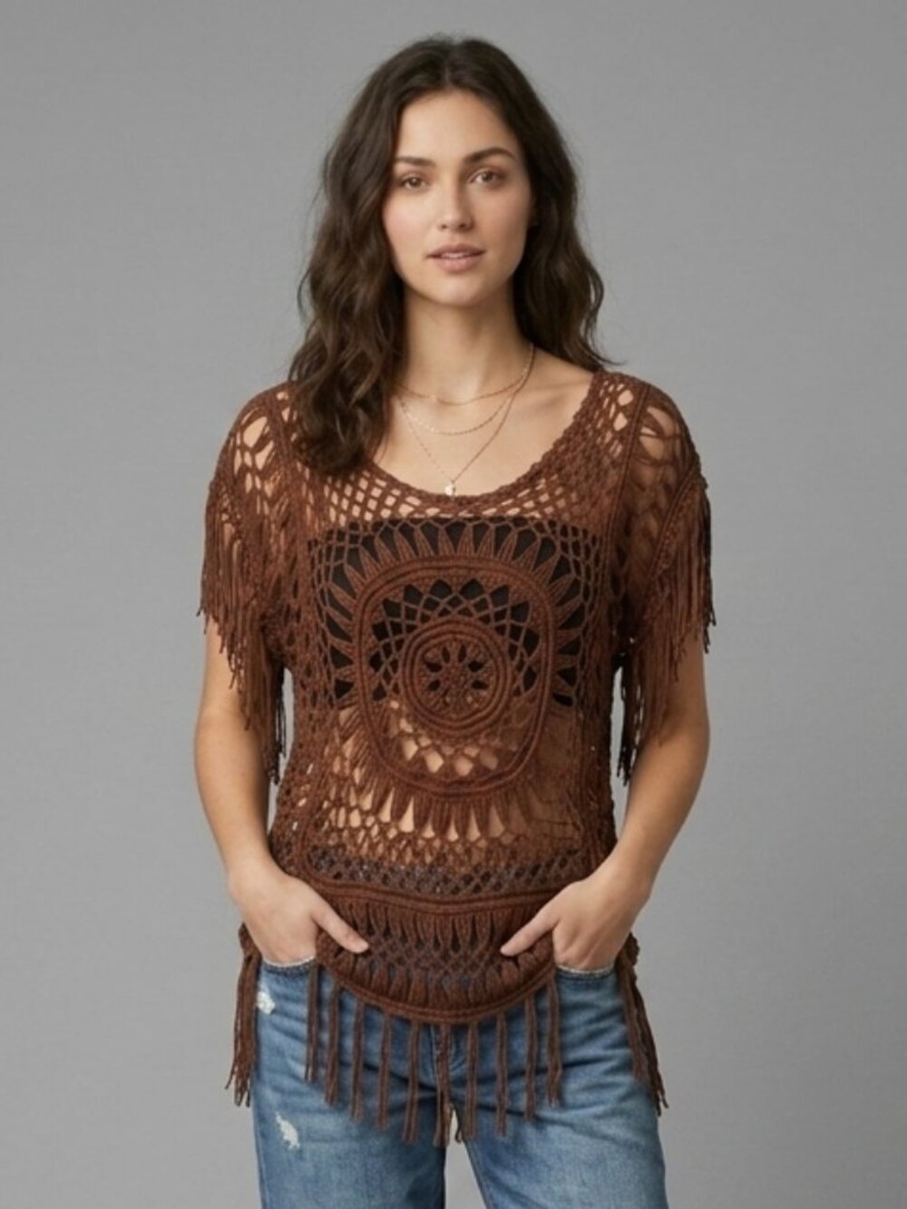 Sheer Crochet Knit Top fringe Boho Festival Hippie